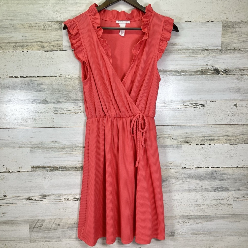 Caution To The Wind‎ Womens Salmon Pink Ruffle V Neck Wrap Knee Length Dress XS